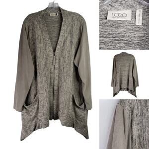 LOGO by Lori Goldstein Gray Zip Front Cardigan Stretch Knit 1X Plus Longline
